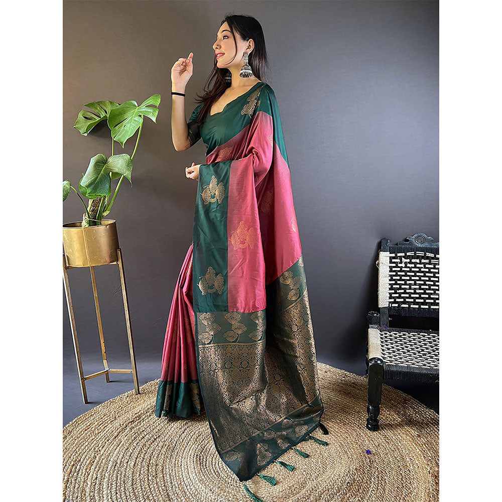 Odette Women Pink Woven Design Soft Silk Saree with Unstitched Blouse