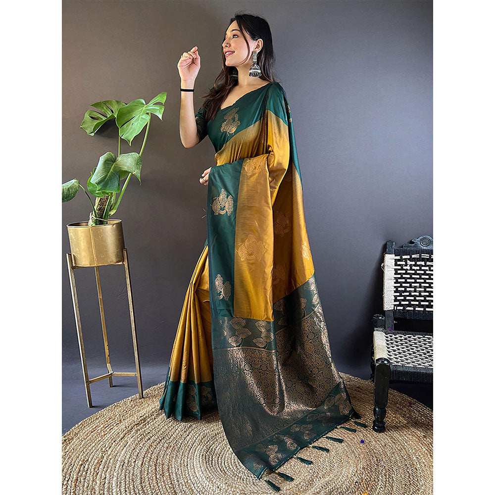 Odette Women Mustard Woven Design Soft Silk Saree with Unstitched Blouse