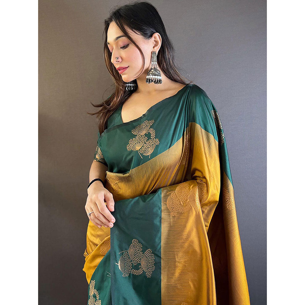 Odette Women Mustard Woven Design Soft Silk Saree with Unstitched Blouse