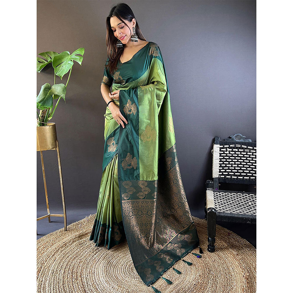 Odette Women Olive Woven Design Soft Silk Saree with Unstitched Blouse