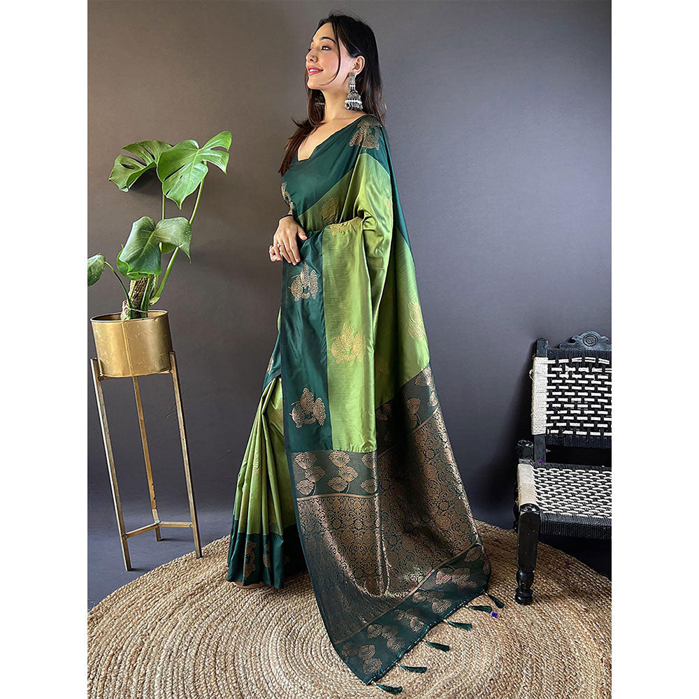 Odette Women Olive Woven Design Soft Silk Saree with Unstitched Blouse