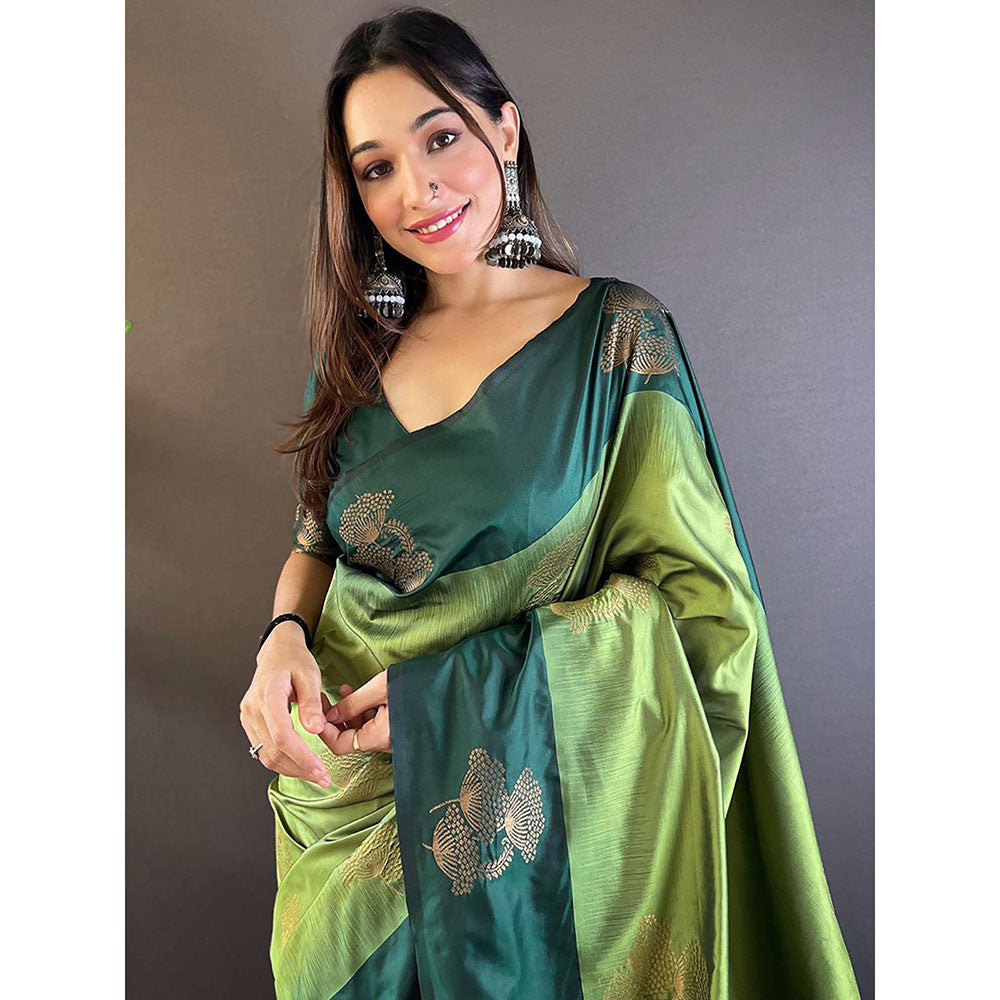 Odette Women Olive Woven Design Soft Silk Saree with Unstitched Blouse