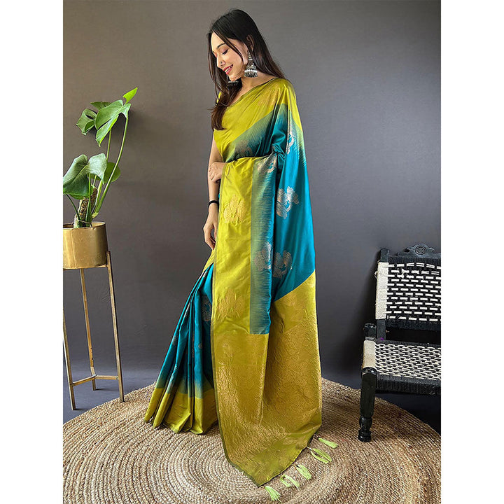 Odette Women Sea Blue Woven Design Soft Silk Saree with Unstitched Blouse