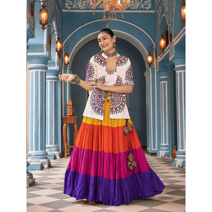 Odette Multi Color Viscose Rayon Lehenga Top & Jacket (Set of 3)