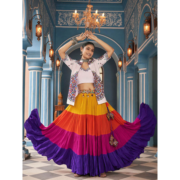 Odette Multi Color Viscose Rayon Lehenga Top & Jacket (Set of 3)