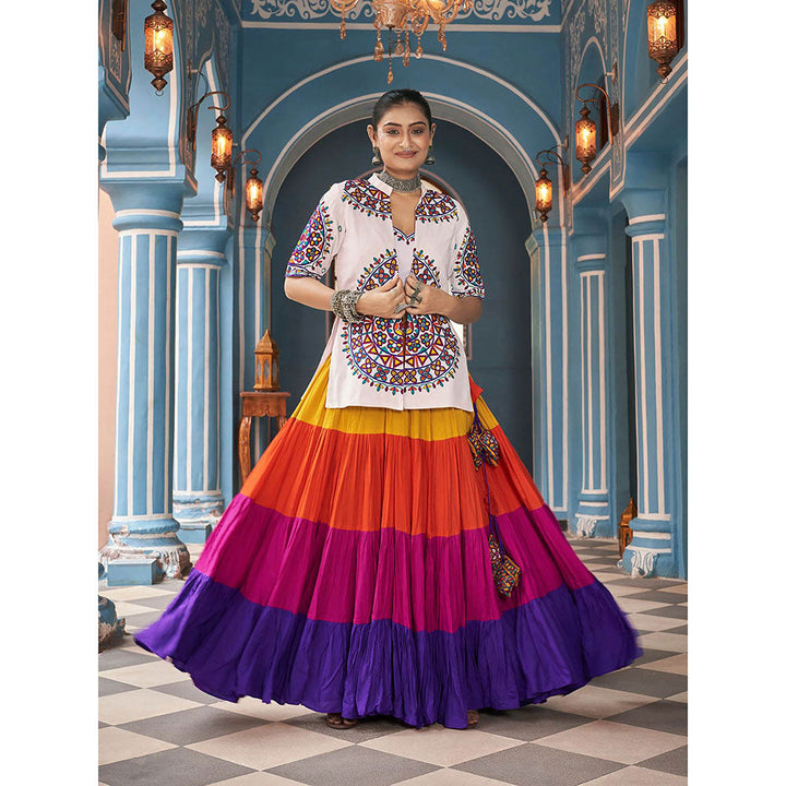 Odette Multi Color Viscose Rayon Lehenga Top & Jacket (Set of 3)