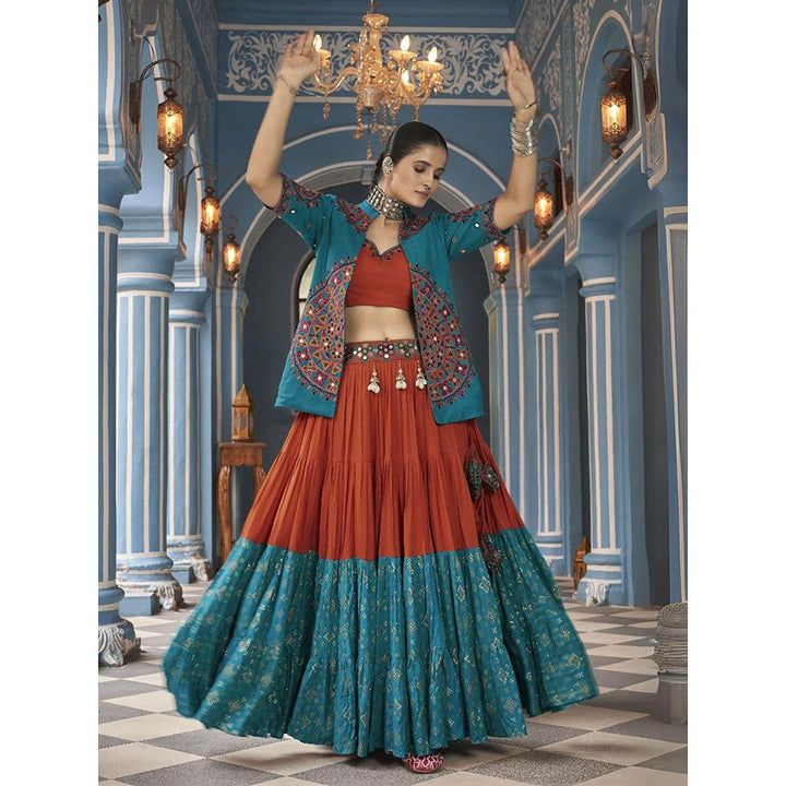 Odette Orange Viscose Rayon Lehenga Top & Jacket (Set of 3)