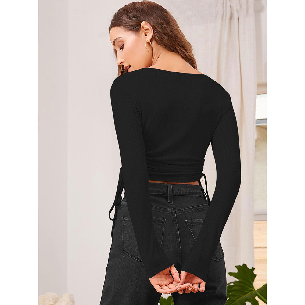 Odette Black Polyester Solid Crop Top for Women