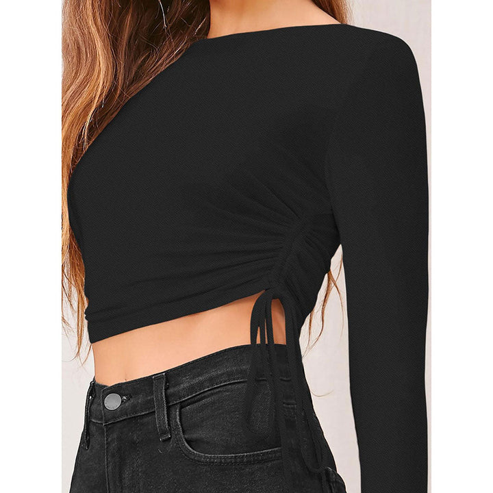 Odette Black Polyester Solid Crop Top for Women