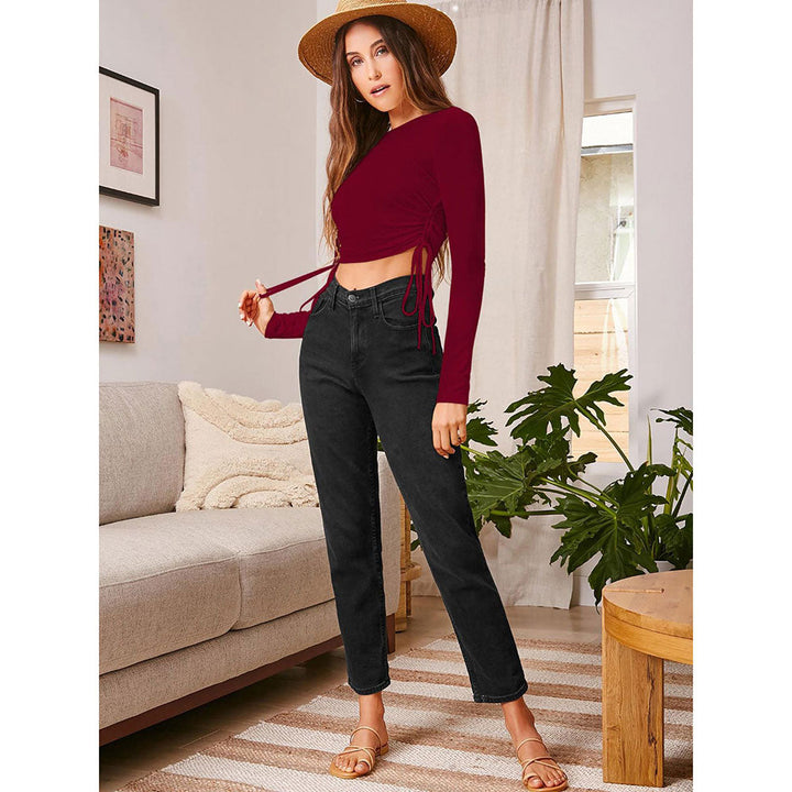 Odette Maroon Polyester Solid Crop Top for Women