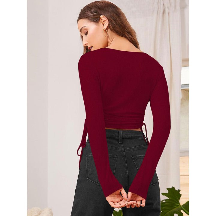 Odette Maroon Polyester Solid Crop Top for Women