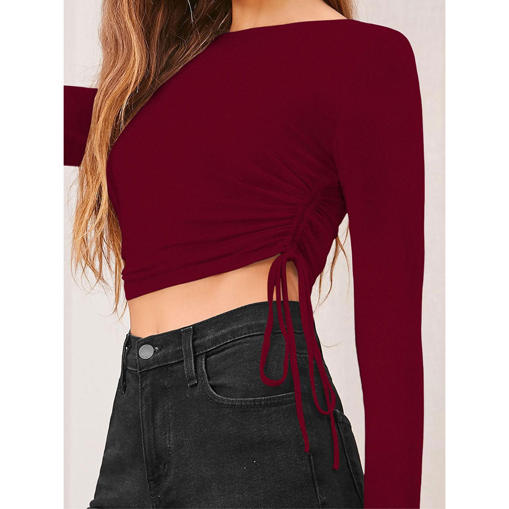 Odette Maroon Polyester Solid Crop Top for Women