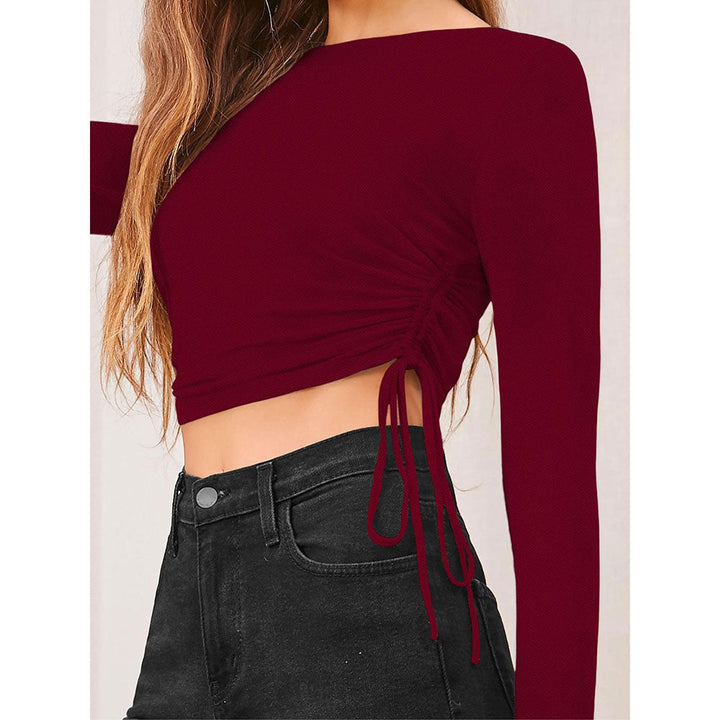 Odette Maroon Polyester Solid Crop Top for Women