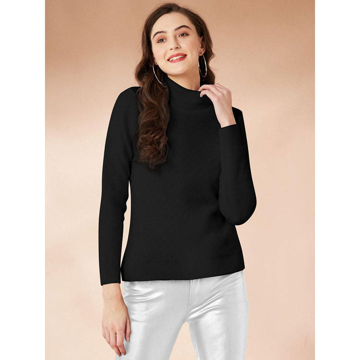 Odette Black Polyester Solid T-Shirt for Women