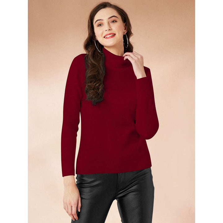 Odette Maroon Polyester Solid T-Shirt for Women