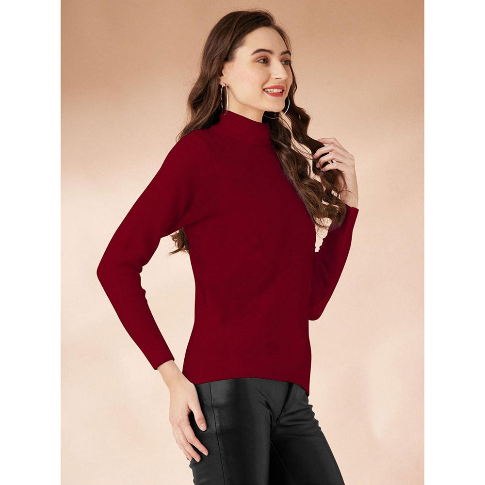 Odette Maroon Polyester Solid T-Shirt for Women