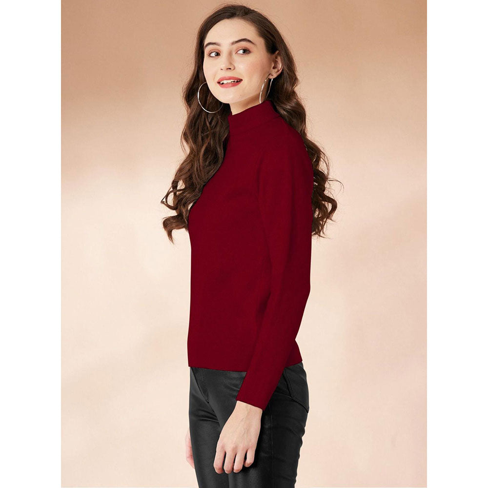 Odette Maroon Polyester Solid T-Shirt for Women