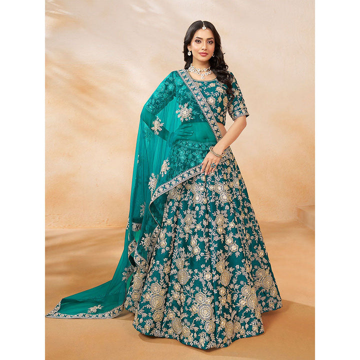 Odette Teal Embroidered Semi Stitched Lehenga with Unstitched Blouse and Dupatta (Set of 3)