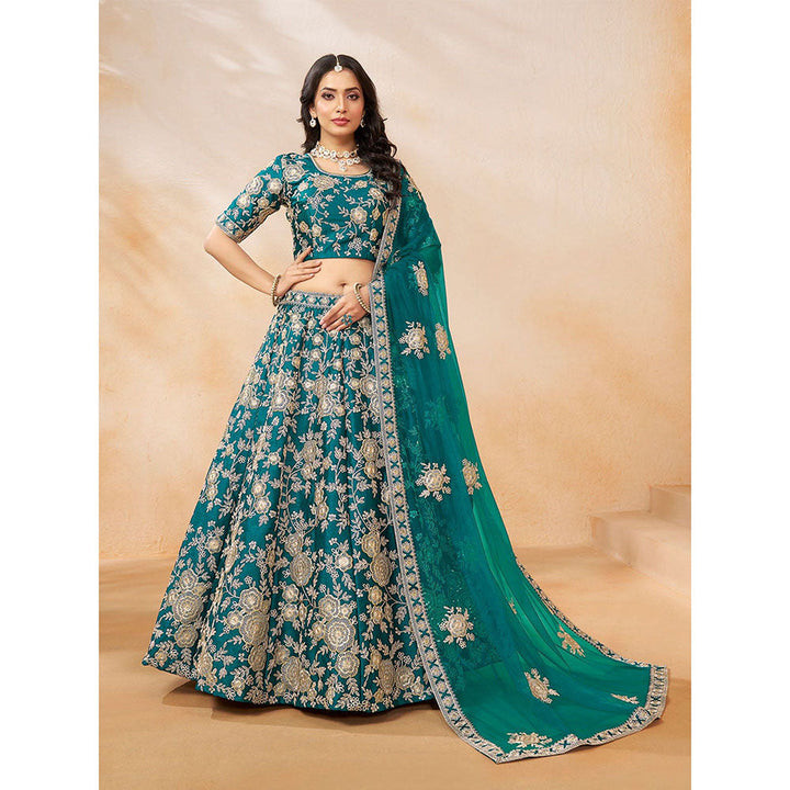 Odette Teal Embroidered Semi Stitched Lehenga with Unstitched Blouse and Dupatta (Set of 3)