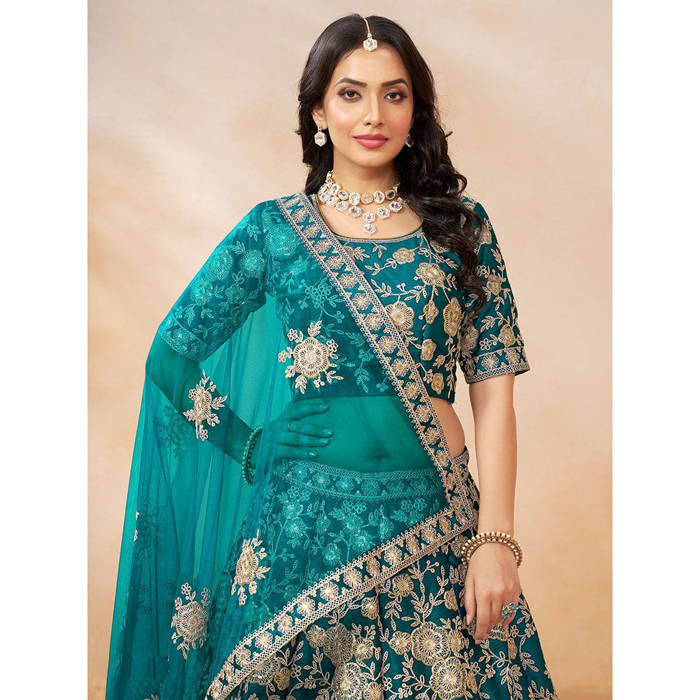 Odette Teal Embroidered Semi Stitched Lehenga with Unstitched Blouse and Dupatta (Set of 3)