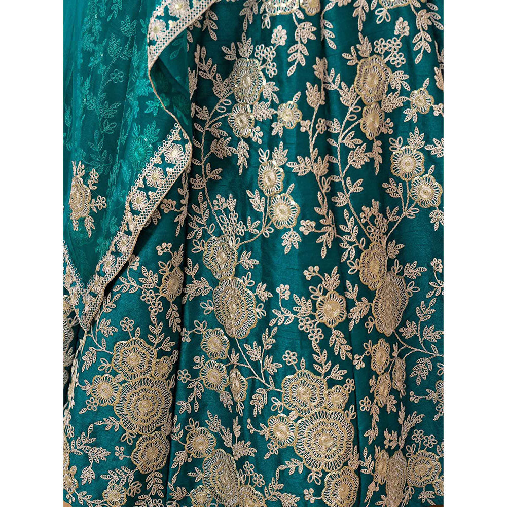 Odette Teal Embroidered Semi Stitched Lehenga with Unstitched Blouse and Dupatta (Set of 3)