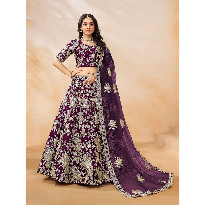 Odette Wine Embroidered Semi Stitched Lehenga with Unstitched Blouse and Dupatta (Set of 3)