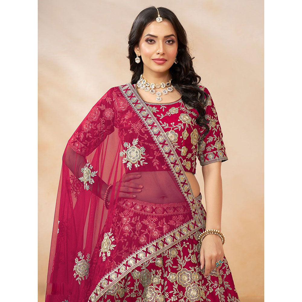 Odette Pink Embroidered Semi Stitched Lehenga with Unstitched Blouse and Dupatta (Set of 3)