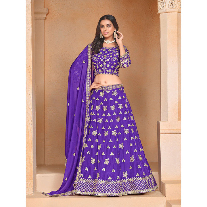 Odette Purple Embroidered Semi Stitched Lehenga with Unstitched Blouse and Dupatta (Set of 3)