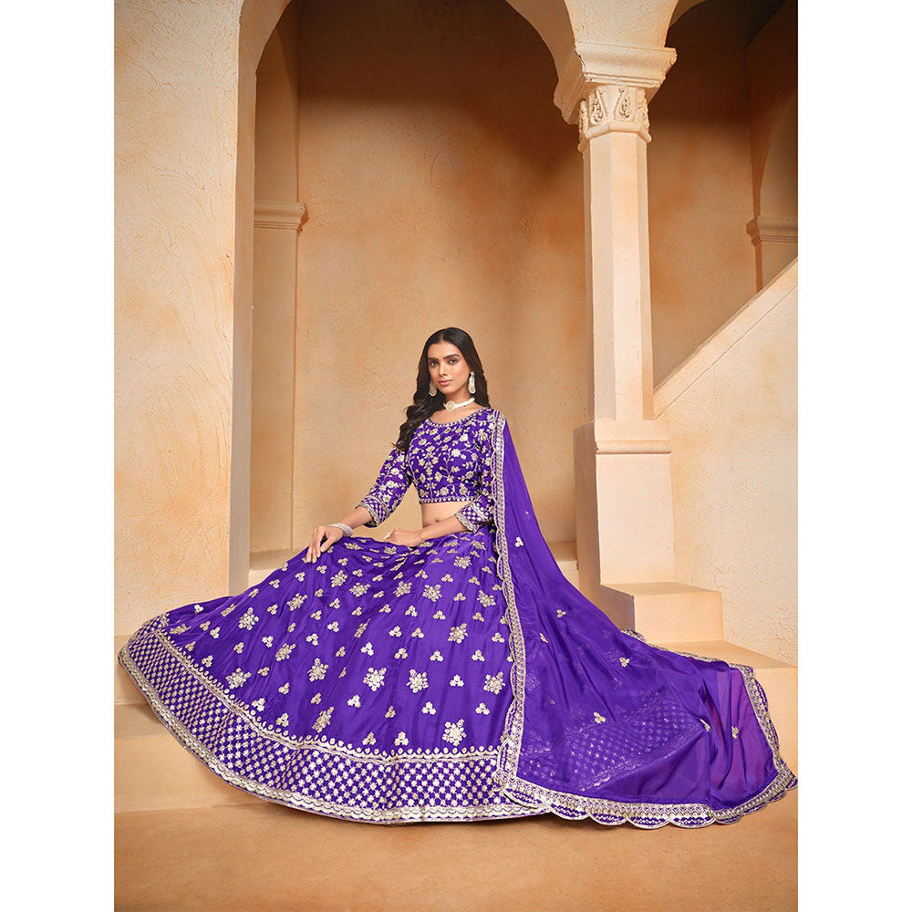 Odette Purple Embroidered Semi Stitched Lehenga with Unstitched Blouse and Dupatta (Set of 3)