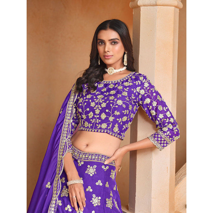 Odette Purple Embroidered Semi Stitched Lehenga with Unstitched Blouse and Dupatta (Set of 3)