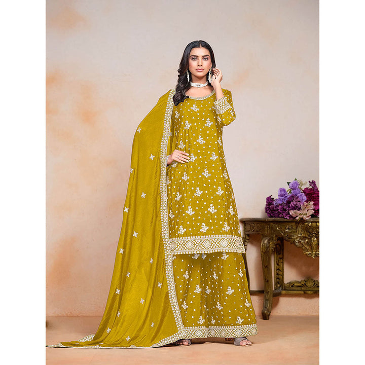 Odette Yellow Chinon Semi Stitched Kurta with Sharara and Dupatta for Women (Set of 3)