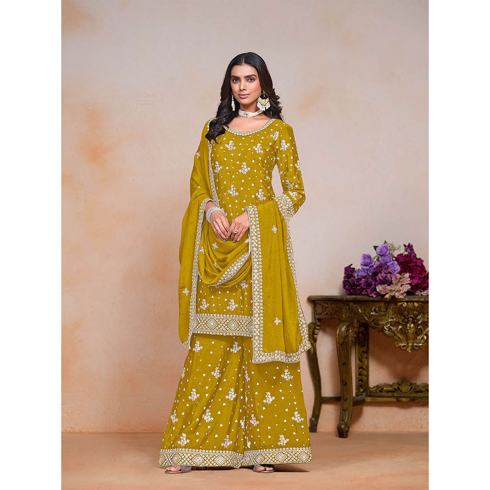 Odette Yellow Chinon Semi Stitched Kurta with Sharara and Dupatta for Women (Set of 3)