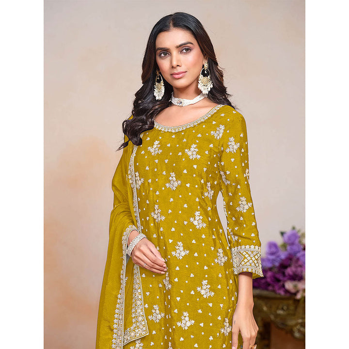 Odette Yellow Chinon Semi Stitched Kurta with Sharara and Dupatta for Women (Set of 3)