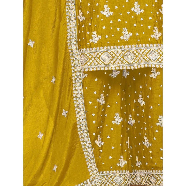 Odette Yellow Chinon Semi Stitched Kurta with Sharara and Dupatta for Women (Set of 3)