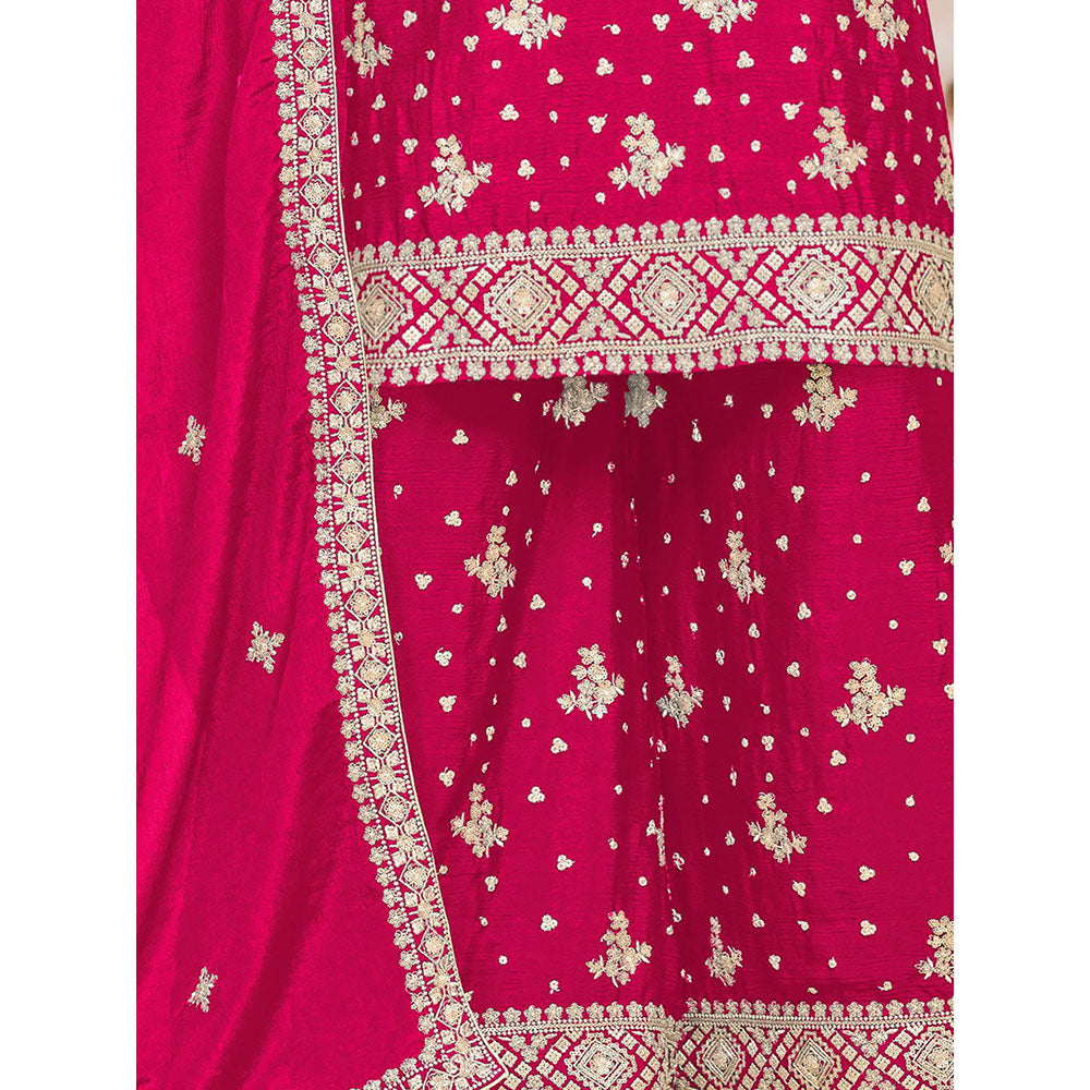 Odette Pink Chinon Semi Stitched Kurta with Sharara and Dupatta for Women (Set of 3)