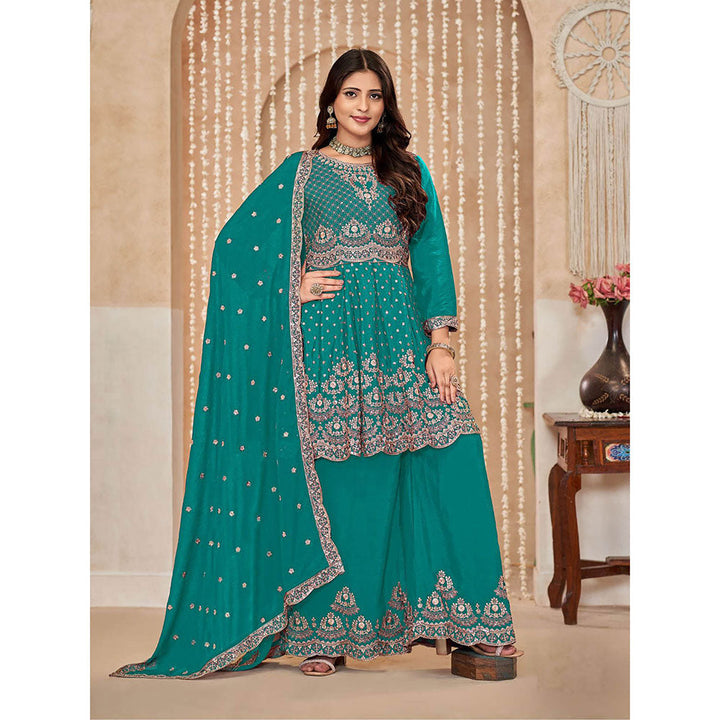 Odette Teal Chinon Semi Stitched Kurta with Sharara and Dupatta for Women (Set of 3)