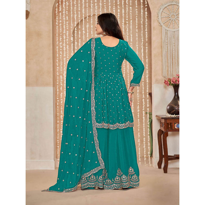 Odette Teal Chinon Semi Stitched Kurta with Sharara and Dupatta for Women (Set of 3)