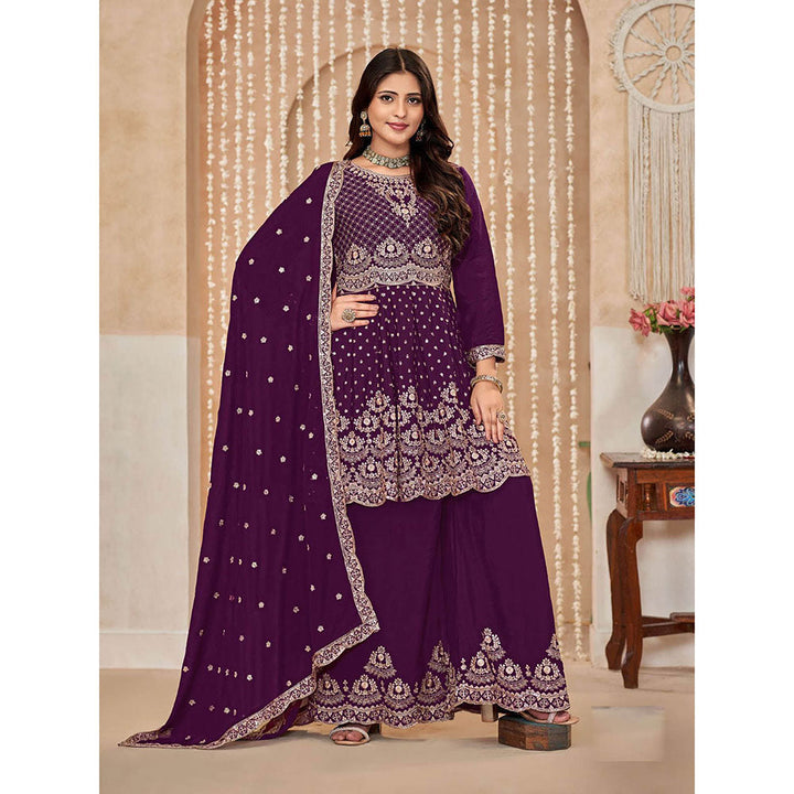 Odette Purple Chinon Semi Stitched Kurta with Sharara and Dupatta for Women (Set of 3)