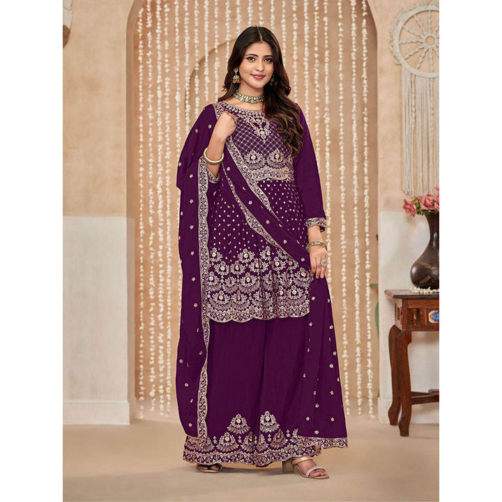 Odette Purple Chinon Semi Stitched Kurta with Sharara and Dupatta for Women (Set of 3)