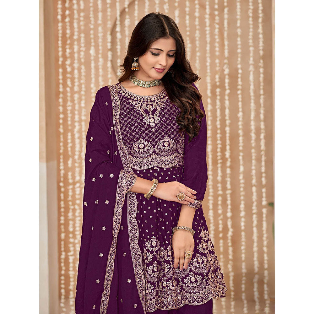 Odette Purple Chinon Semi Stitched Kurta with Sharara and Dupatta for Women (Set of 3)