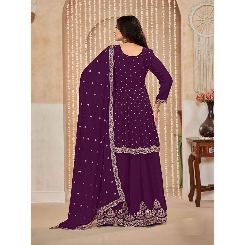 Odette Purple Chinon Semi Stitched Kurta with Sharara and Dupatta for Women (Set of 3)