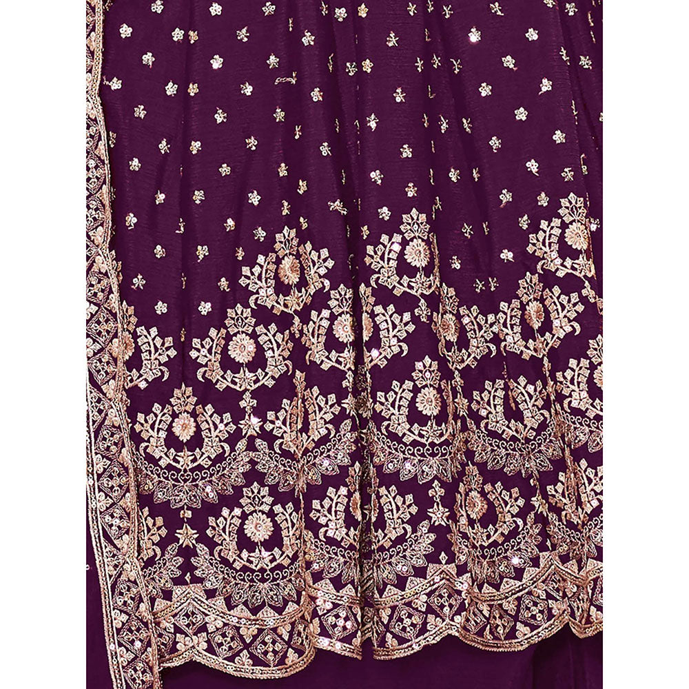 Odette Purple Chinon Semi Stitched Kurta with Sharara and Dupatta for Women (Set of 3)