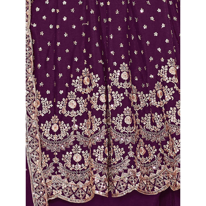 Odette Purple Chinon Semi Stitched Kurta with Sharara and Dupatta for Women (Set of 3)