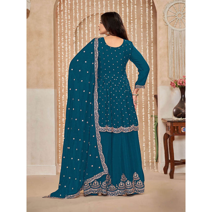 Odette Teal Chinon Semi Stitched Kurta with Sharara and Dupatta for Women (Set of 3)