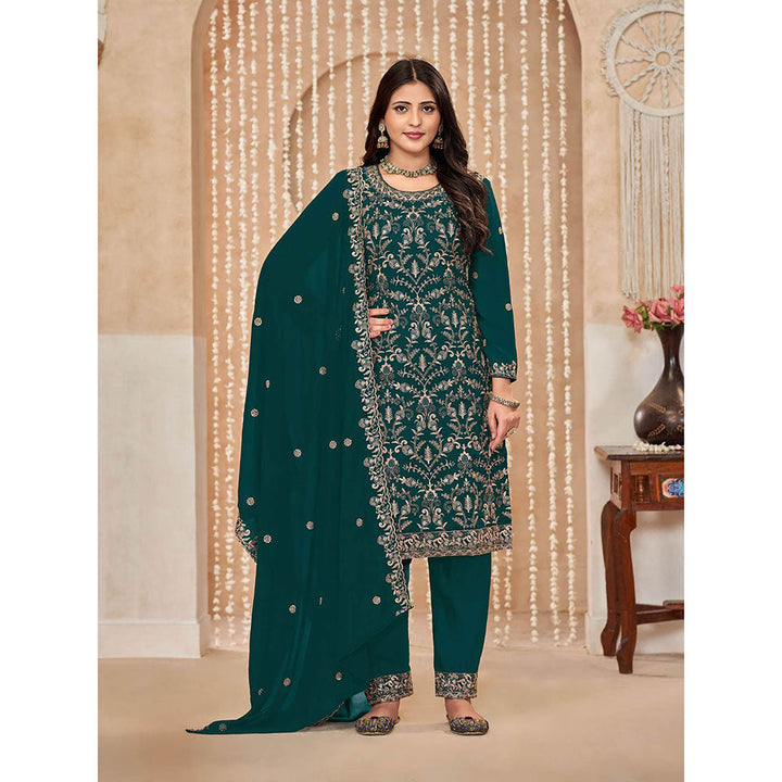 Odette Green Georgette Semi Stitched Kurta with Pant and Dupatta for Women (Set of 3)