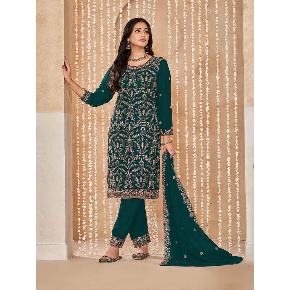 Odette Green Georgette Semi Stitched Kurta with Pant and Dupatta for Women (Set of 3)