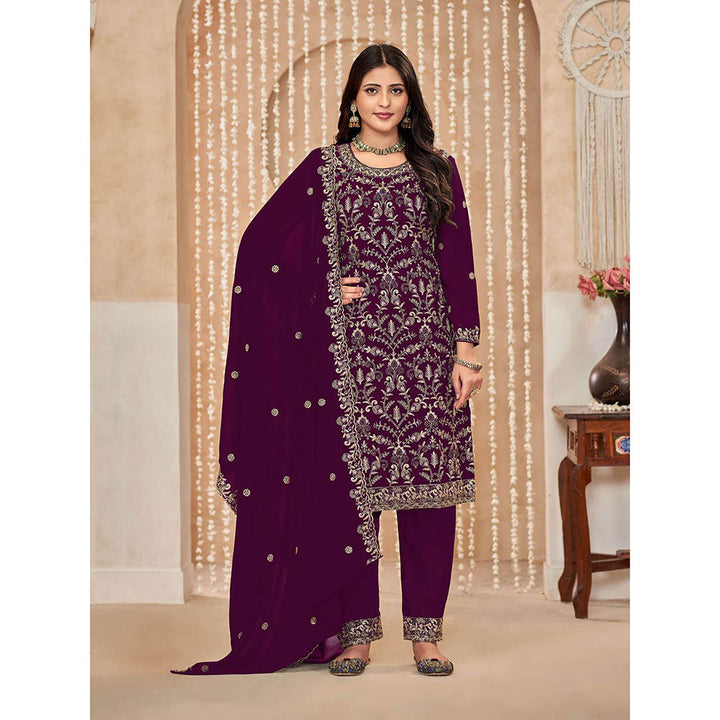 Odette Purple Georgette Semi Stitched Kurta with Pant and Dupatta for Women (Set of 3)