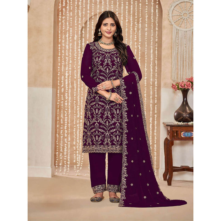 Odette Purple Georgette Semi Stitched Kurta with Pant and Dupatta for Women (Set of 3)