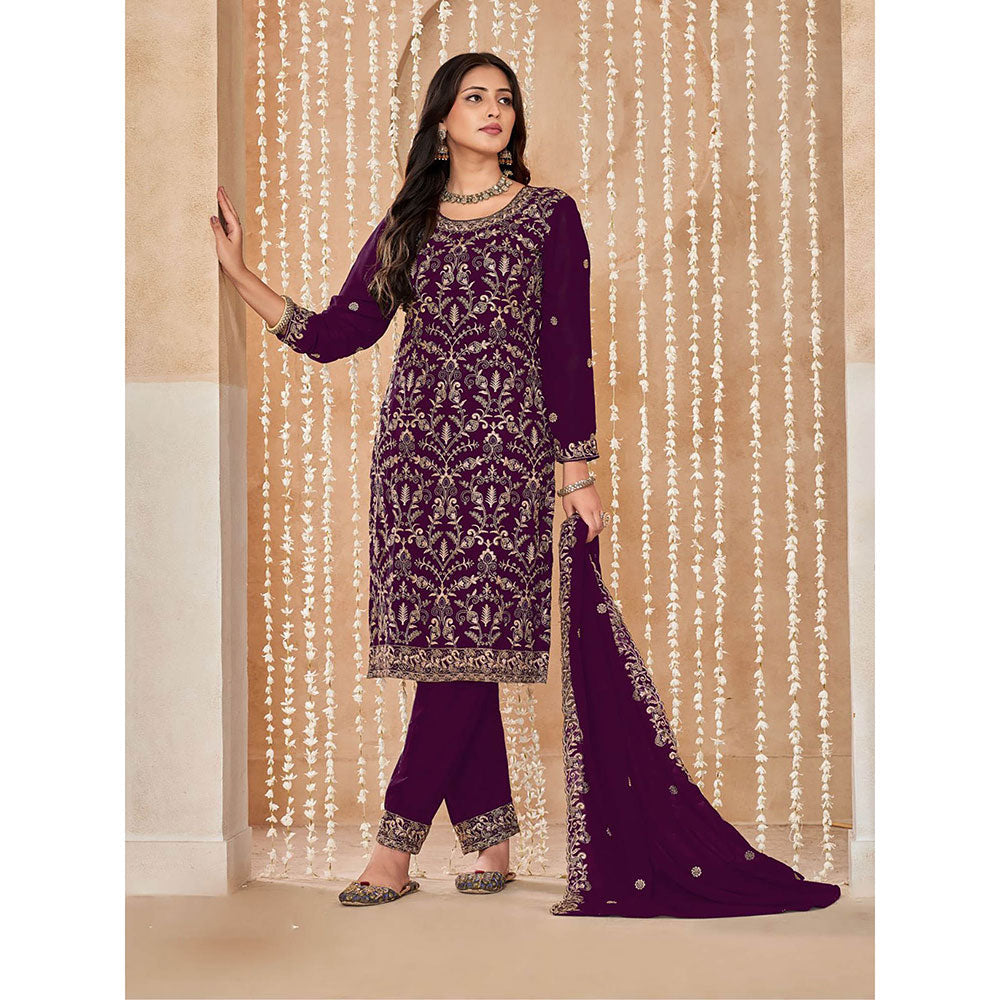 Odette Purple Georgette Semi Stitched Kurta with Pant and Dupatta for Women (Set of 3)