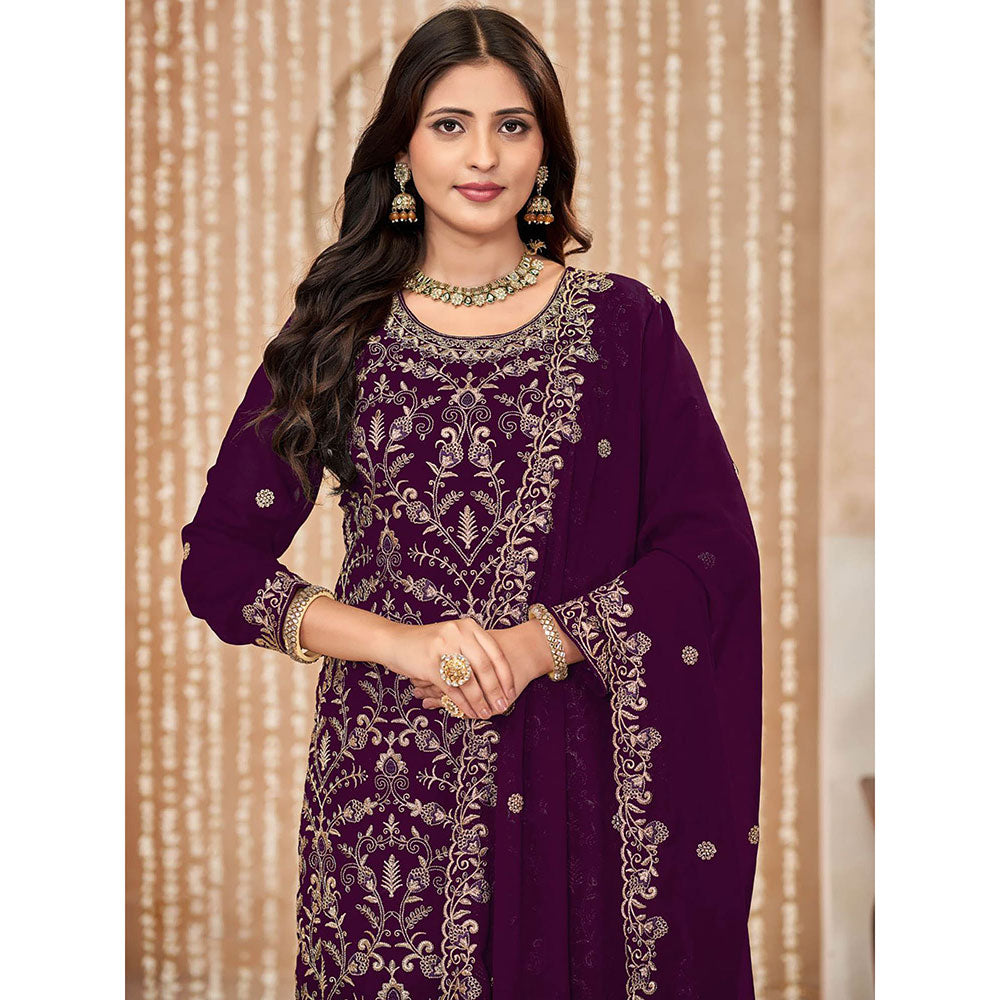 Odette Purple Georgette Semi Stitched Kurta with Pant and Dupatta for Women (Set of 3)